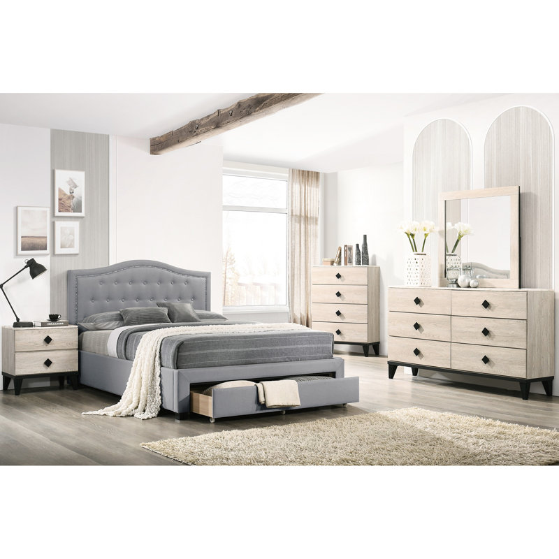 Lit simple gris avec tête de lit élégante et tiroir de rangement caché avec revêtement en toile de jute