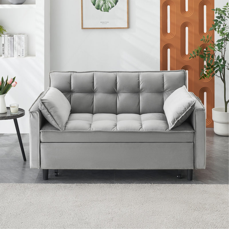 Modern Velvet Loveseat Futon Sofa Couch Pullout Bed, Grey