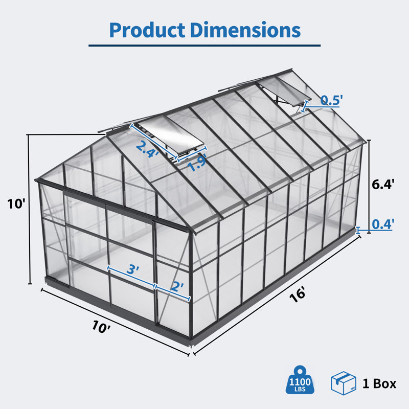 Outdoor Walk-in Aluminum Polycarbonate Greenhouse, 15.8' W x 9.9' D