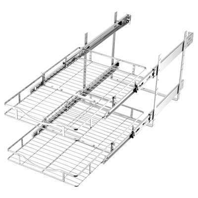 Organisateur de placard coulissant à 2 niveaux, 36 cm L x 53,5 cm P, tiroirs coulissants, fini chromé, étagères coulissantes en acier robuste pour meubles bas