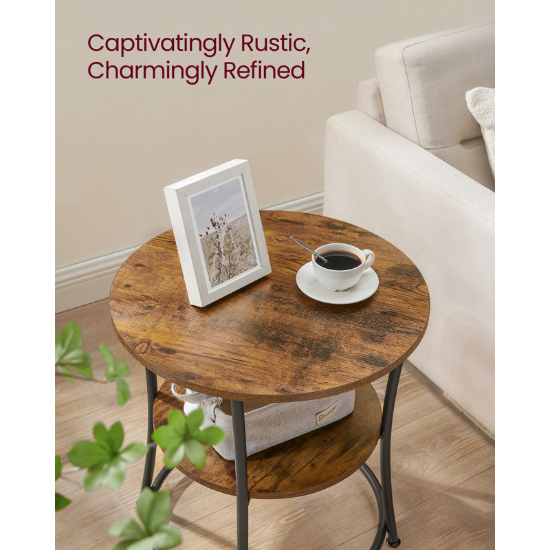 Rustic Brown Round Wood and Metal Side Table with Shelves