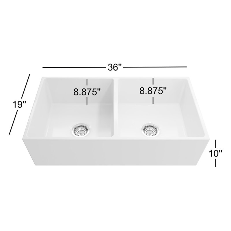 36 x 19 Inch Fireclay Kitchen Sink, Crestwood Farmhouse Sink, Rectangle Double Bowl Apron Front, Plain Farm Ceramic Sink