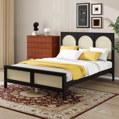 Queen Size Wood Platform Bed With Rattan Headboard And Footboard, Mid-Century Bed Frame With Rattan Decoration