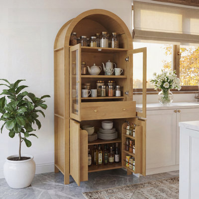 Fluted Tall Arched Pantry Cabinet With Adjustable Shelves, Elegant Display Storage With Hidden Drawer & Glass Door