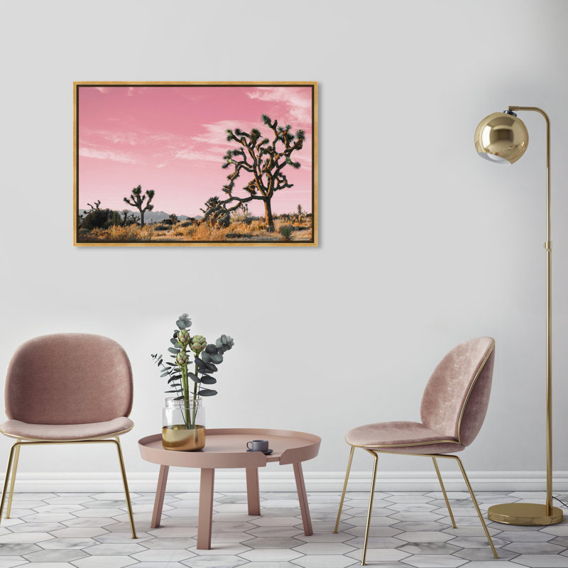 " Nature And Landscape Joshua Tree Pink II Desert Landscapes " by Oliver Gal, 24" H x 36" W x 1.5" D, Gold Framed Canvas