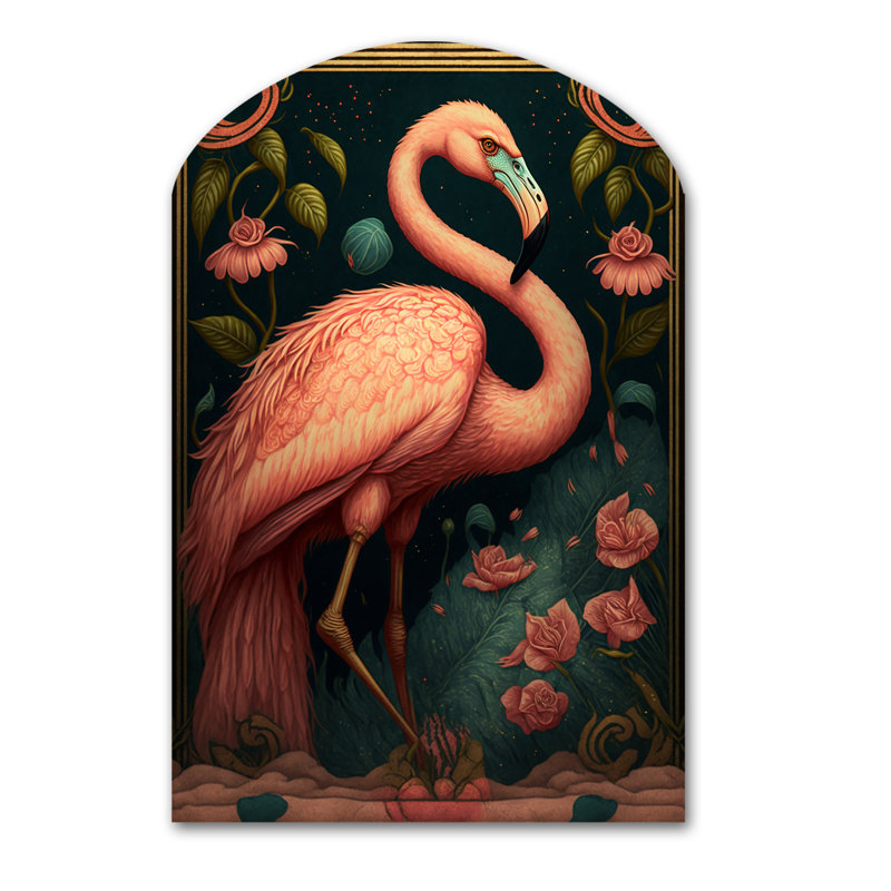 Art mural asymétrique rétro avec flamants roses et roses - animaux, H 34 po x l 25 po