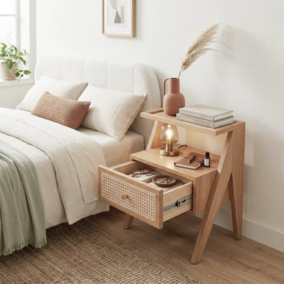 Mina Rattan 1 Drawer Wooden Bedside Cabinet - Natural Effect