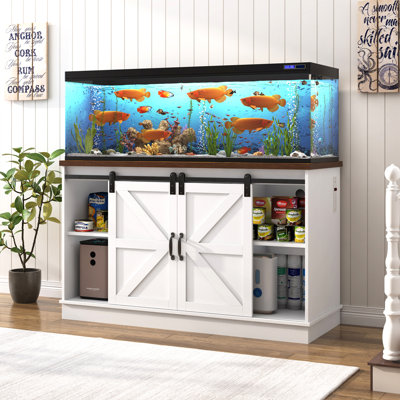 Farmhouse Aquarium Stand For 55-75 Gallon Fish Tanks, Reptile Tank Stand With Power Outlet & Sliding Barn Door, Heavy Duty Fish Tank Stand With Cabinet Storage For Turtle Tanks/Reptile Terrariums