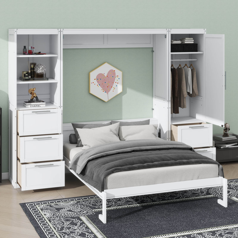 Grand lit escamotable mural avec garde-robe, tiroirs et tablettes, Blanc