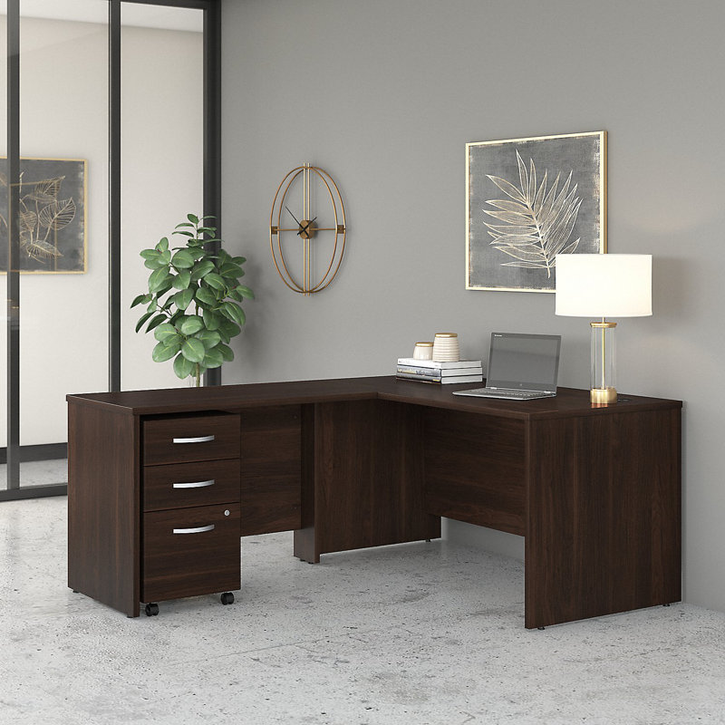 Bureau en forme de L de Bush Business Furniture Studio avec classeur mobile et retour - réversible, Noir noyer
