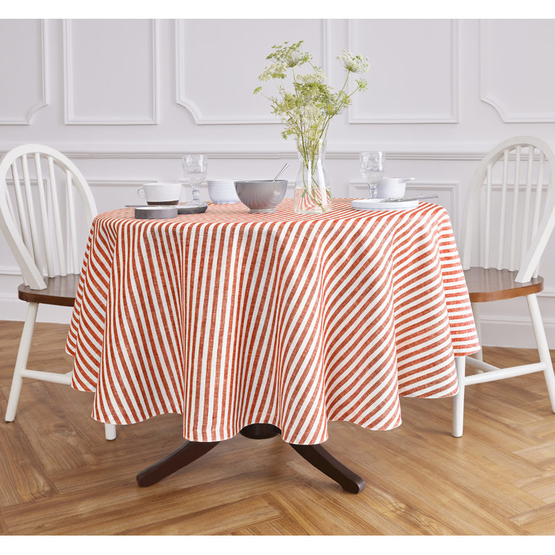 60" Round Red and White Linen Striped Tablecloth