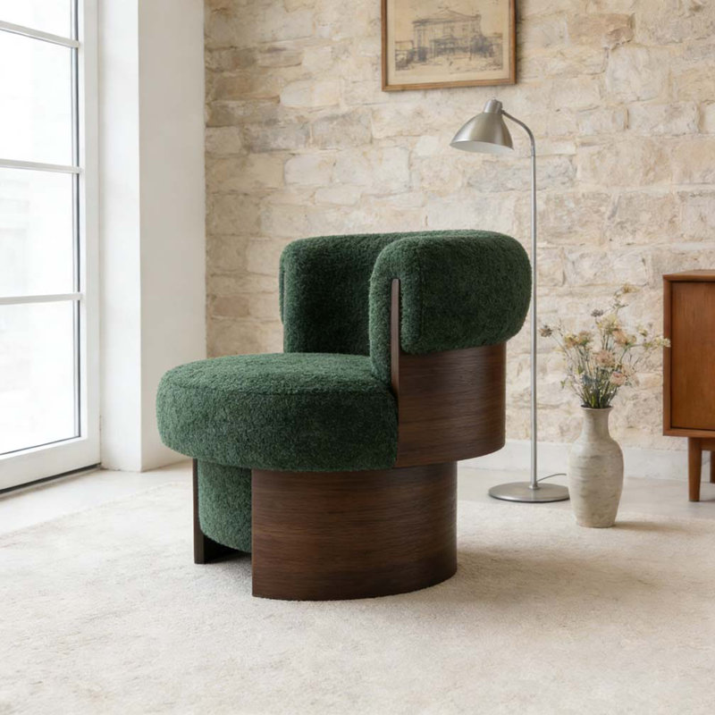 Fauteuil demi-tonneau rotatif moderne courbé et sculptural, Vert