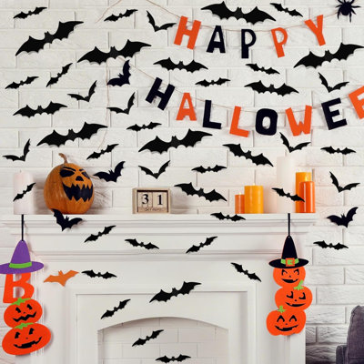 36 Pcs Halloween Bats Wall Decor Realistic PVC Black 3D Scary Bat Sticker 4 Different Sizes Spooky Wall Decal for Home Kitchen Bathroom Interior Decoration Hallowmas Party Supplies