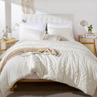  Ivory Full Size Soft Lightweight Comforter Set 3Pcs, Boho Farmhouse Vertical Tufted Bedding Set for All Seasons, for Bedroom and Guest Room
