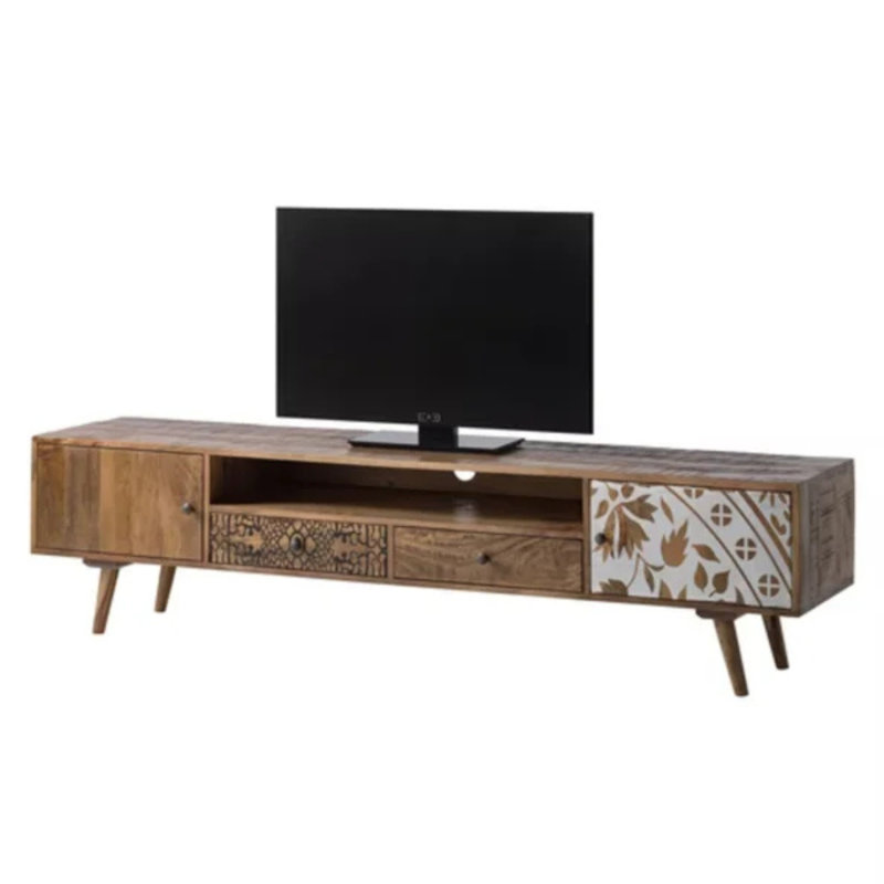 Meuble télé Sofia 75 pouces en bois de manguier massif avec tiroirs, armoires de rangement et tablette ouverte