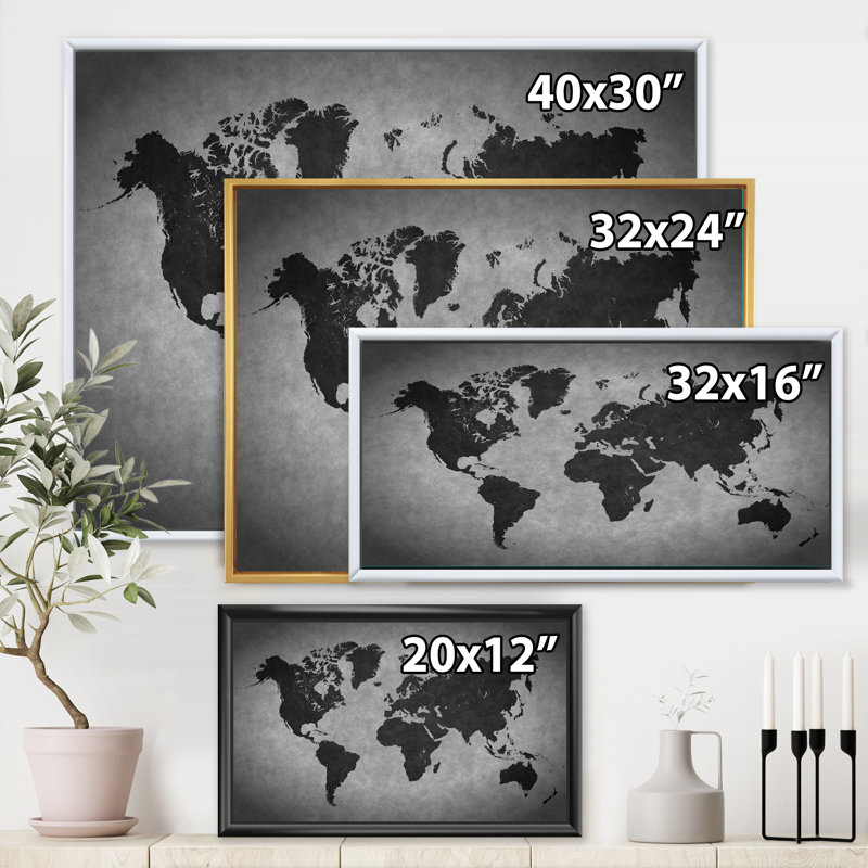 Ancienne carte du monde, reproduction de cadre flottant sur toile, Noir, H 16 po x l 32 po x p 1 po