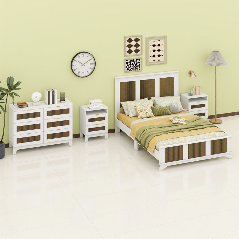 Ensemble de chambre à coucher 4 pièces, lit plateforme de ferme avec décoration en bois, table de chevet et commode avec poignée en métal