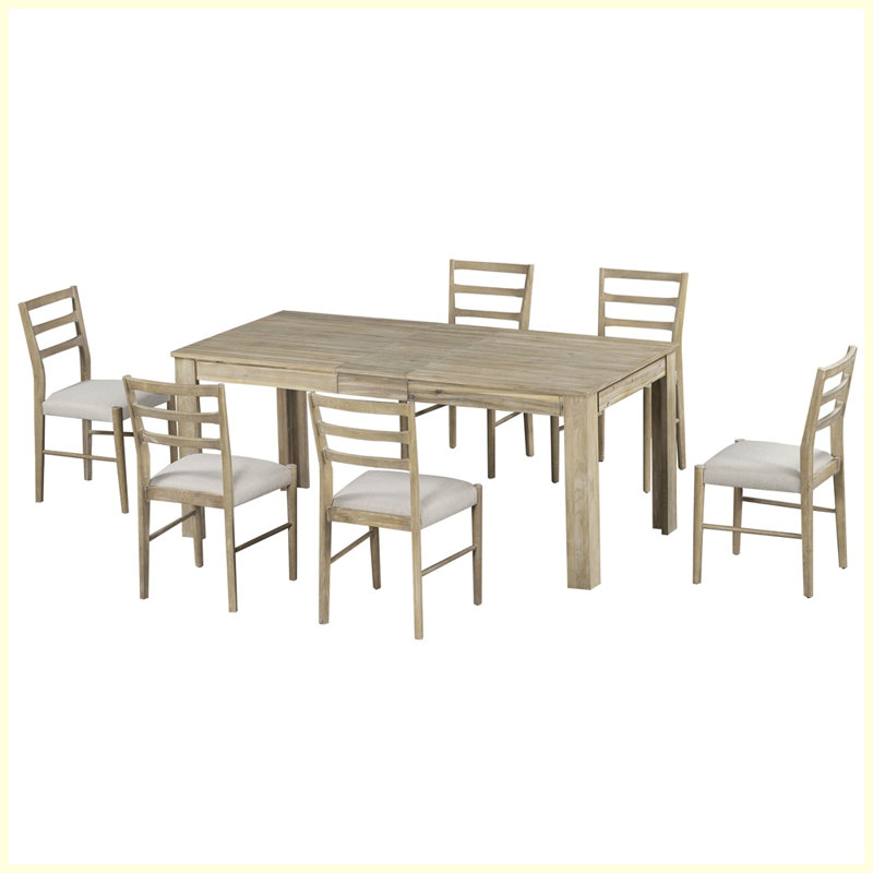 Ensemble de table de salle à manger 7 pièces en bois avec table extensible multifonctionnelle, Bois naturel