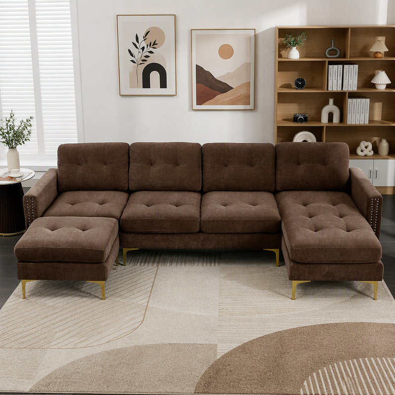 Canapé modulaire convertible en L 110 po avec repose-pieds mobile pour salon, appartement, bureau, brun