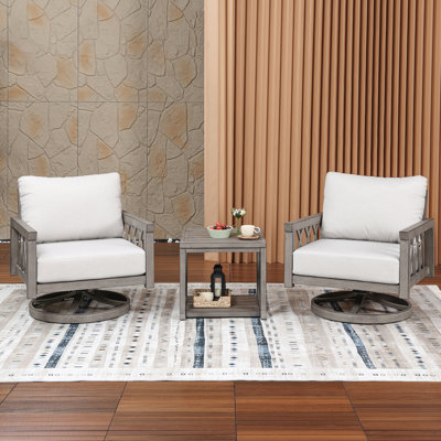 Ensemble de 3 fauteuils pivotants d'extérieur avec structure en aluminium, coussins d'assise profonds et table d'appoint, idéal pour la terrasse, le patio ou le balcon, fini chêne blanchi.