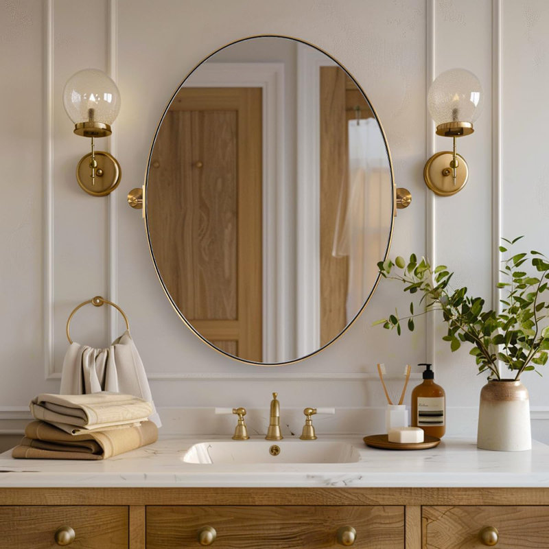  Tilting Oval Bathroom Vanity Wall Mirror | Adjustable Pivot Stainless Steel Frame, 30" x 20", Brushed Gold