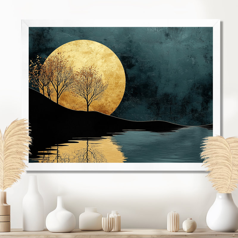 «Quiet Bold River In Emerald Gold Harmony I - Forest River Mountains, art mural, H 30 po x l 40 po, Floater Framed, Blanc