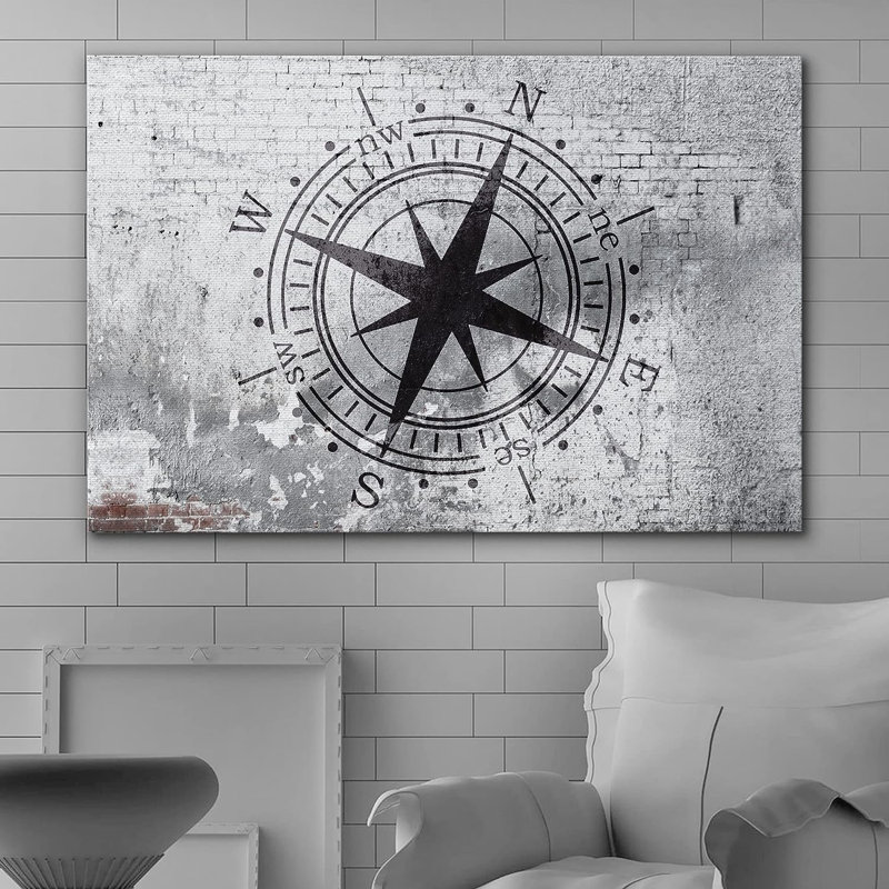«Compass On Gritty Grey City Brick Wall Abstract Shapes», impression sur toile, Toile tendue, H 12 po x l 18 po x P 1,5 po