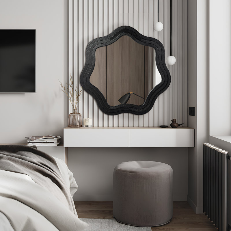 33.50"D Modern Black Tripled Wood Frame Wavy Wall Mirror