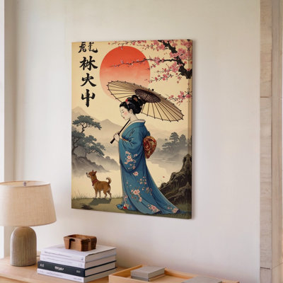 A Woman In A Flowing Blue Canvas Kimono Stands Gracefully Under Blooming Cherry Blossoms Wall Art Premium Quality Ready To Hang Modern