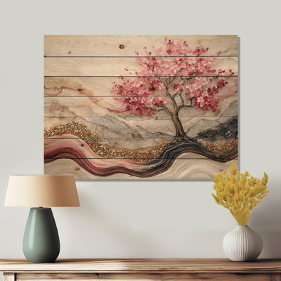 Cherry Blossom Tree Echoes Of Sakura II - Cherry Blossom Wood Wall Decor - On Natural Pine Wood