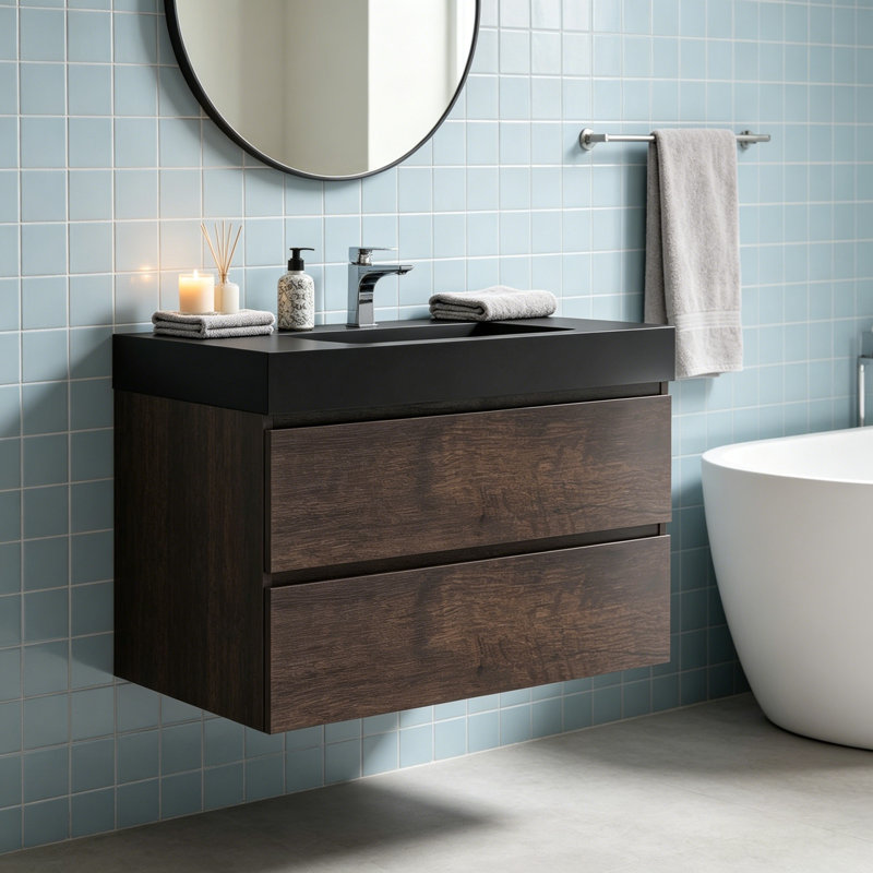 Meuble-lavabo mural de 36 po en noyer pré-assemblé flottant, grande armoire de rangement murale avec lavabo une pièce noir, sans drain et robinet inclus