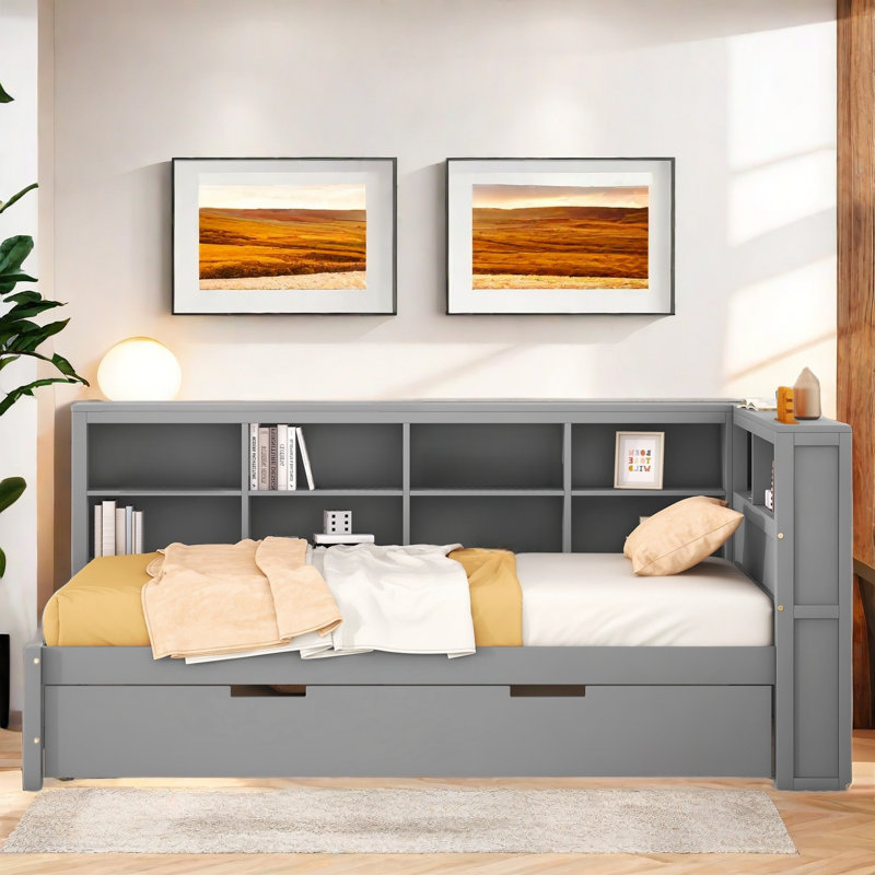 Lit de jour avec couchette Nelse, tablette de rangement et USB, Simple, Gris