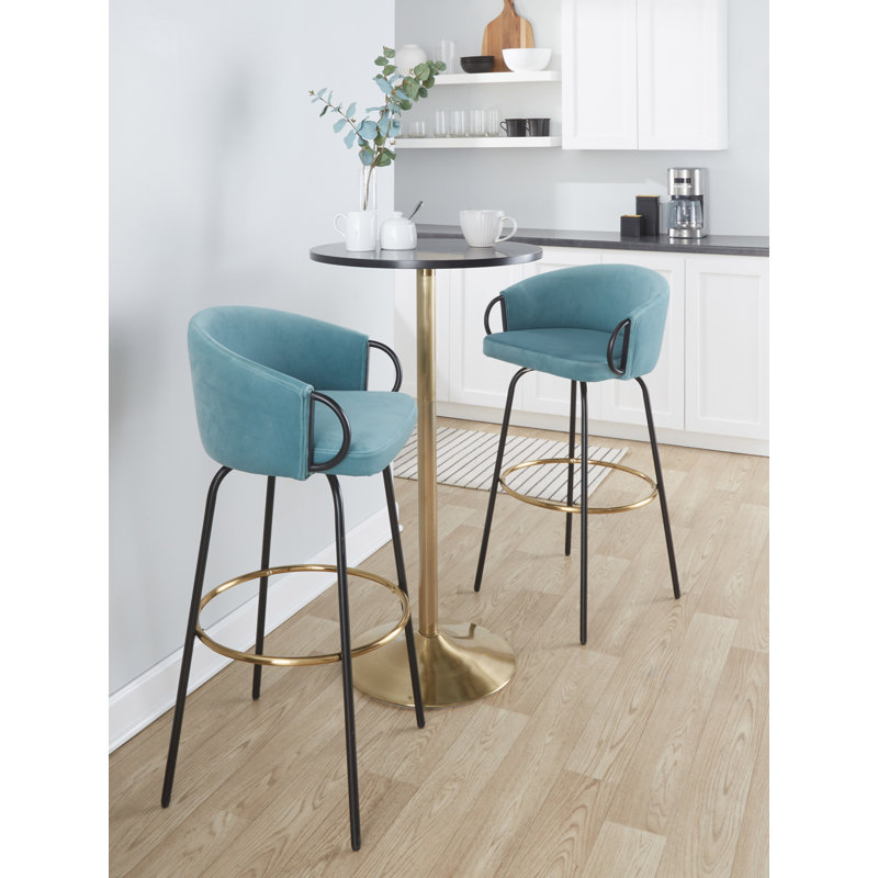 Upholstered Counter Stool with Metal Frame, Light Blue