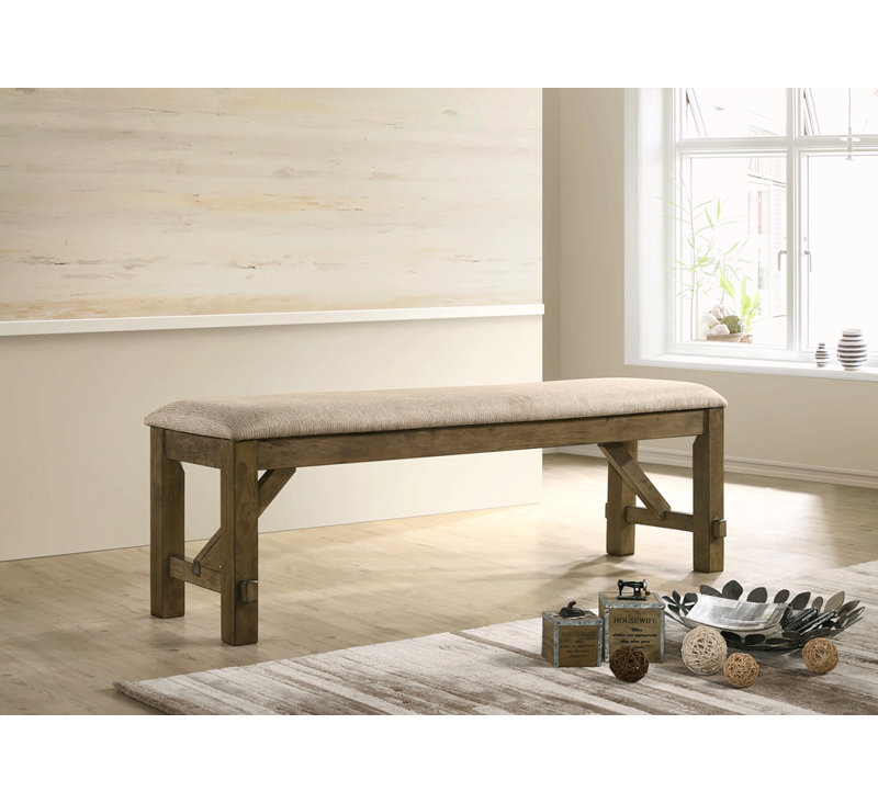 Banc de salle à manger rembourré en tissu Raven Wood, style campagnard, finition pin brun glacé et siège confortable