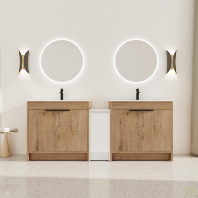 Meuble-lavabo autoportant de 84 pouces avec lavabo en céramique et armoires de rangement, porte à fermeture en douceur, armoire combinée 02436IMO * 2 + 0312, ensemble KD