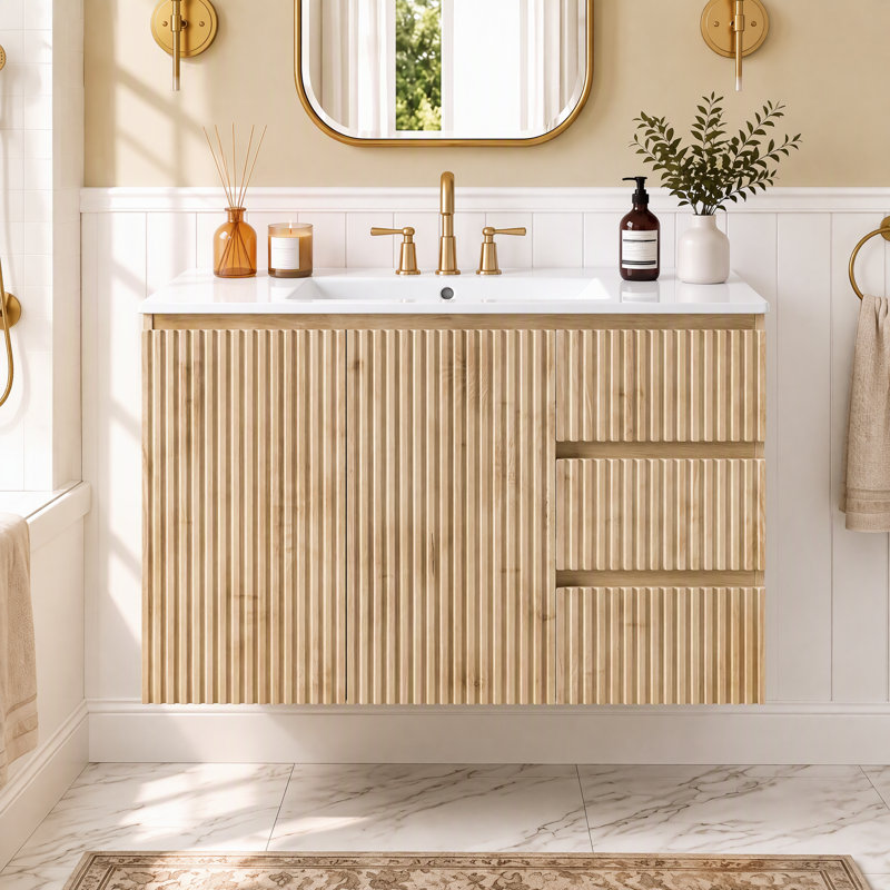 36" Wall-Mounted Bathroom Vanity with Ceramic Sink , Soft-Close Doors and Drawers