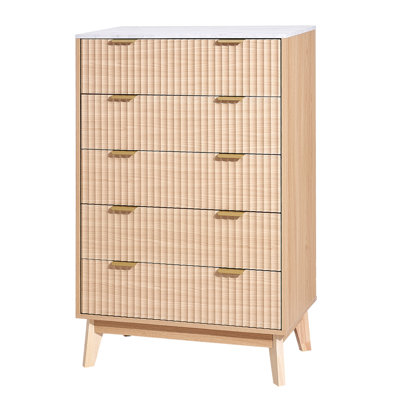 5 Fluted Drawer Dresser, Wooden Chest of Drawers with Sliding & Anti-tip Device, Modern Minimalist Dresser Chest, Closet Storage Organizer for Living