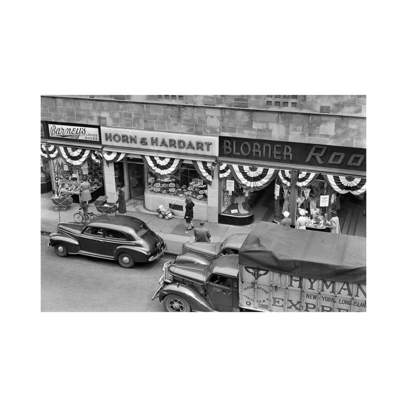 1940s Store Fronts Decorated With Parade Bunting Main Street - Wrapped Canvas Print, 20.32 cm H x 30.48 cm W