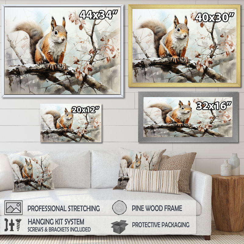 «Brown Squirrel Curious Observer I», reproductions d'art mural animaux, 12" H x 20" W, Cadre flottant noir