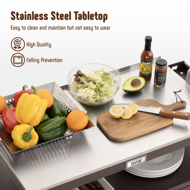 Brown Outdoor Grill Cart with Stainless Steel Tabletop and Storage Cabinet