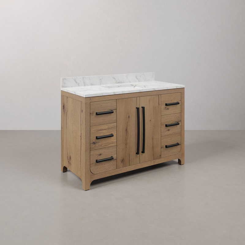 Graelyn Meuble-lavabo simple rectangulaire en marbre de Carrare blanc avec chêne vieilli