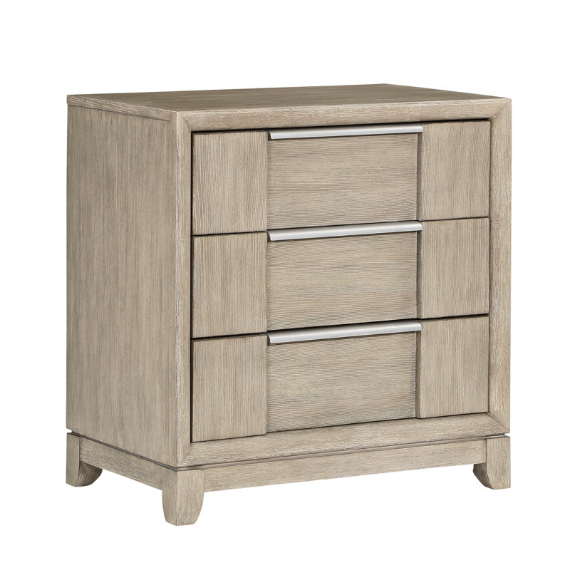 Armoire de chevet moderne à 3 tiroirs avec port de charge gris pour chambre à coucher, quincaillerie en métal fini, glissières de roulement, poignées en placage de bois de frêne, H 28 po x 17,5 po
