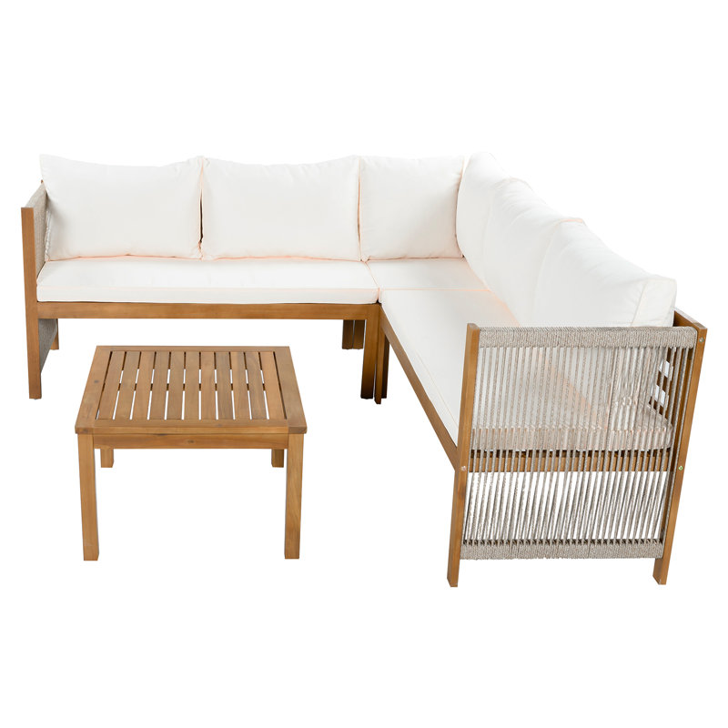 5 - Person Acacia Wood Corner Sofa Set & Coffee Table, Beige