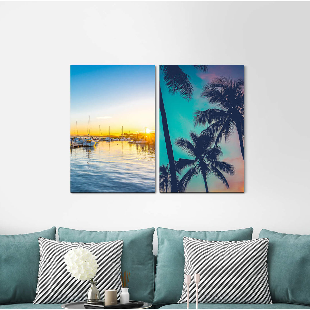 2-tlg. Leinwandbilder-Set - Fotografie „Florida Miami Palm Trees Harbour Boats Summer Paradise”