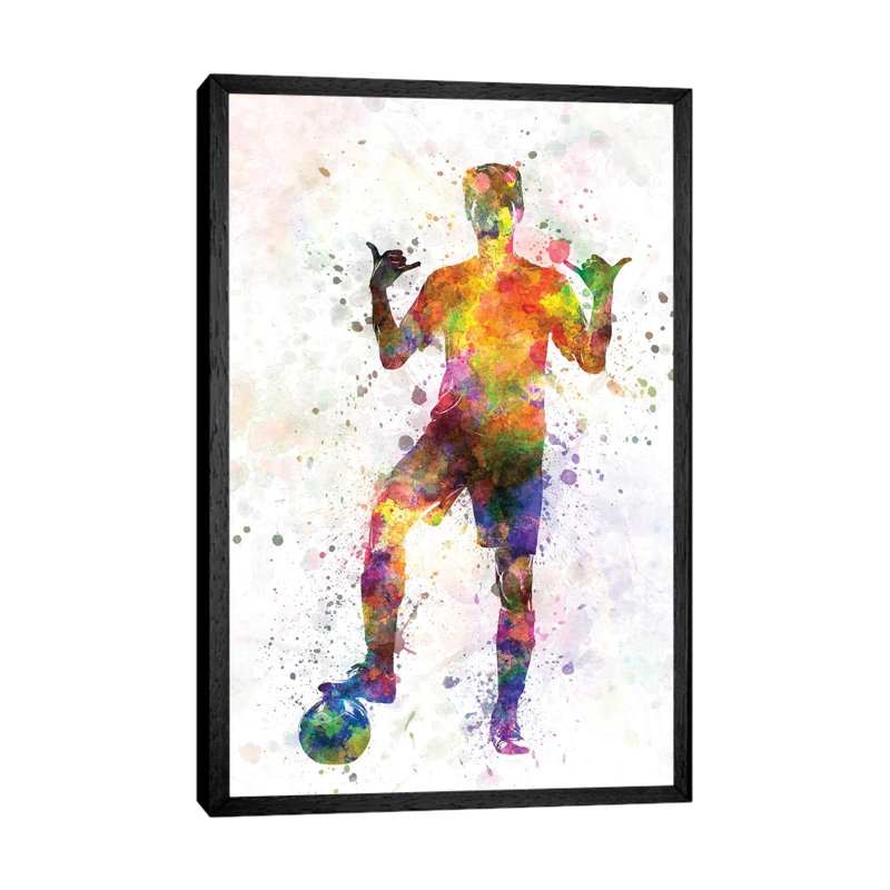 Soccer Football Player Young Man Saluting 1 Piece Floater Frame Wall Art on Canvas, 101.6 cm H x 66.04 cm W, Black