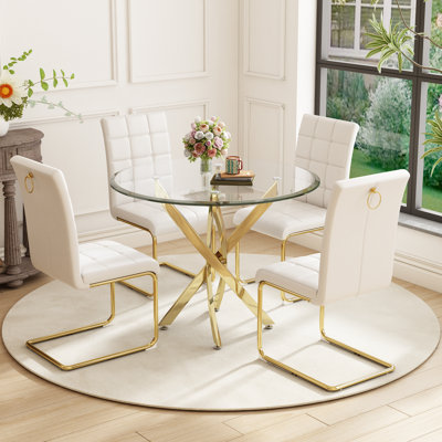 5- Piece Dining Table Set,Glass Top Metal Base Dining Tablewith 4 Faux Leather Dining Chairs