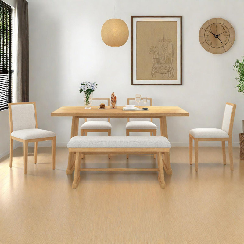 Ensemble de table de salle à manger rustique 6 pièces avec pieds trapézoïdaux, Naturel