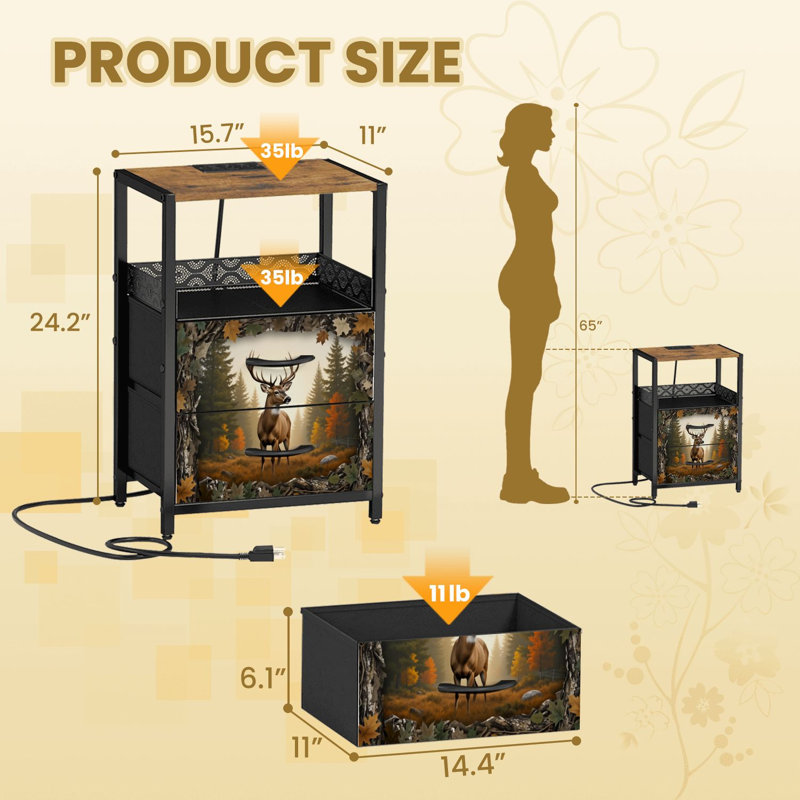 Table de chevet 2 tiroirs en tissu avec station de charge Majestic Buck Deer Fall Forest Autumn Leaves
