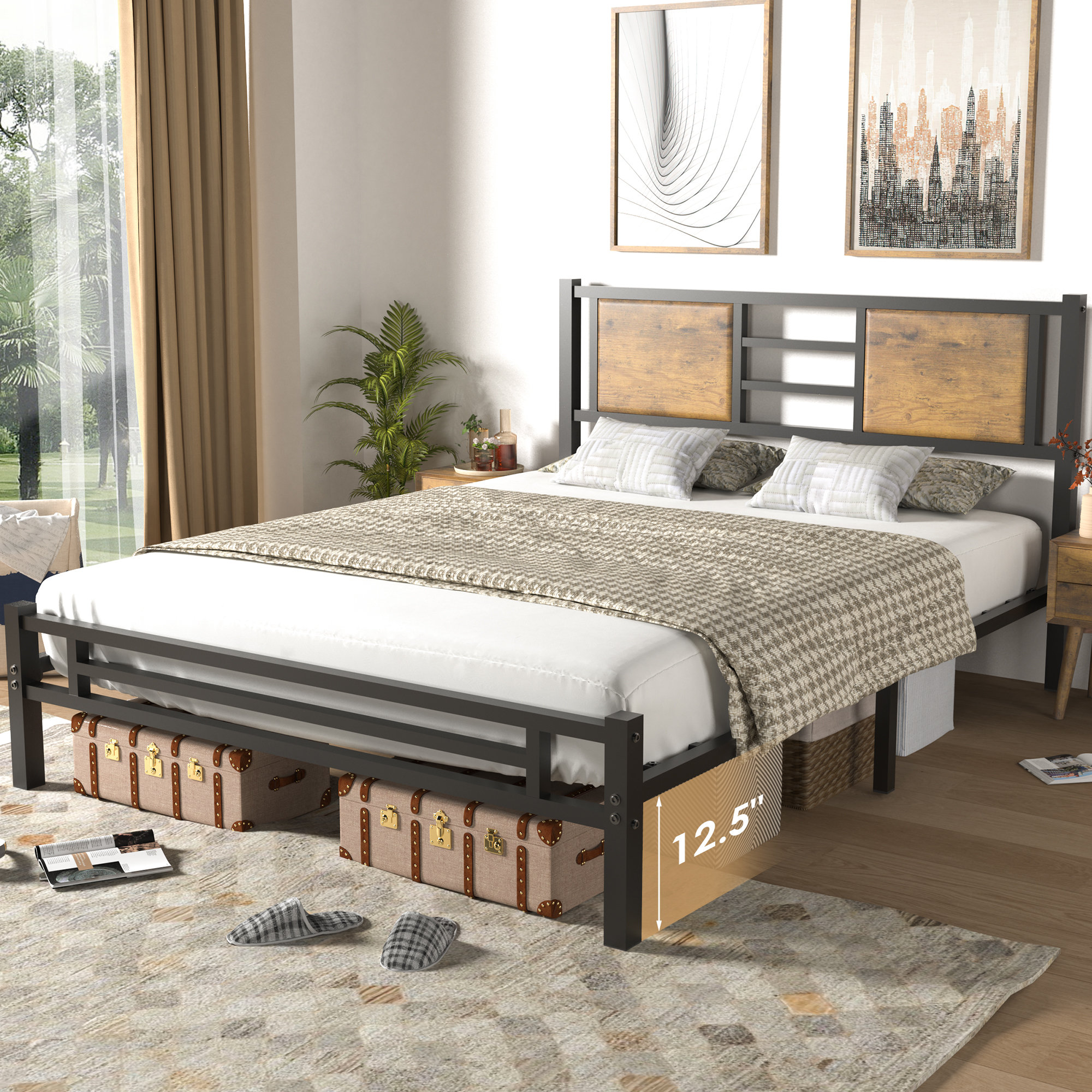 17 Stories Stipe 40.2'' Metal Bed Frame with Wood Headboard, Sturdy and