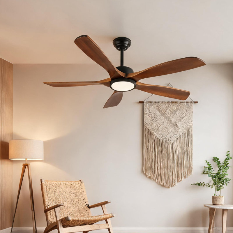 Ventilateur de plafond pour chambre à coucher et salon avec bois naturel, métal et bois, télécommande et débit d'air saisonnier